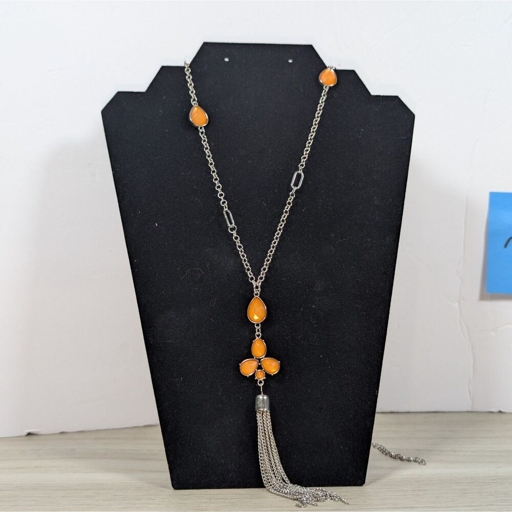 34" Orange Teardrop Tassel Necklace Silver Tone Long Statement Necklace